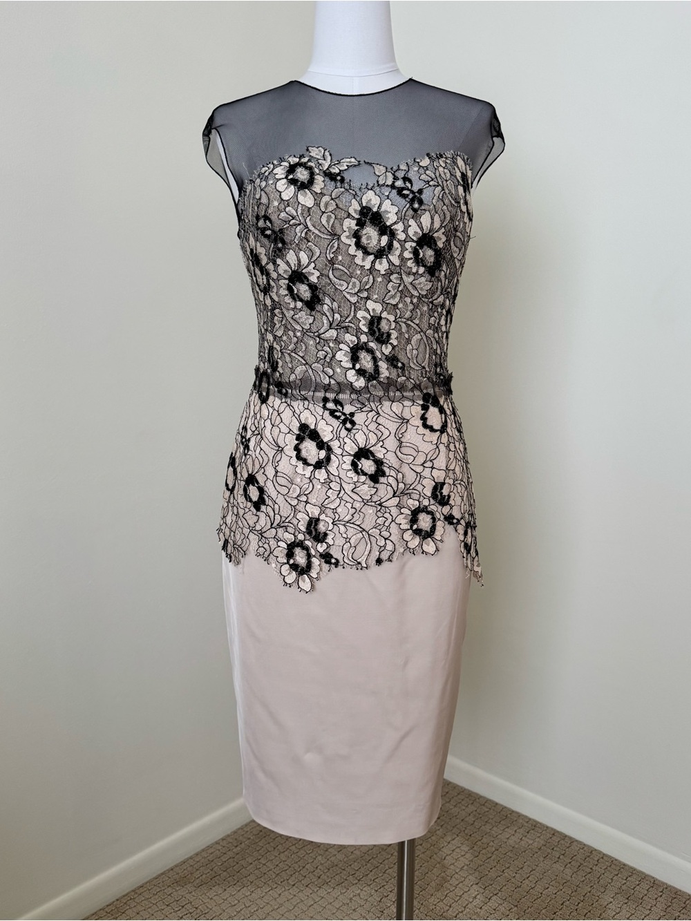 Lela Rose Cream Dress with Black Lace Accents